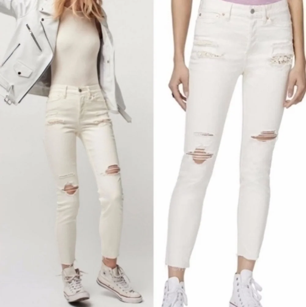 Free People Off White High Rise Raw Hem Jeans